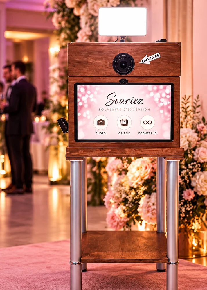 Unsere Holz-Fotobox in einer illustrativen rosafarbenen Eventkulisse